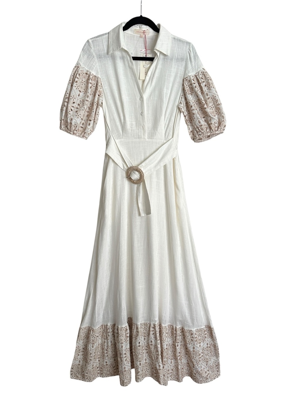 SOLITAIRE Linen Blend Maxi Dress NWT Ivory Eyelet Puff Sleeve Cottagecore Size S